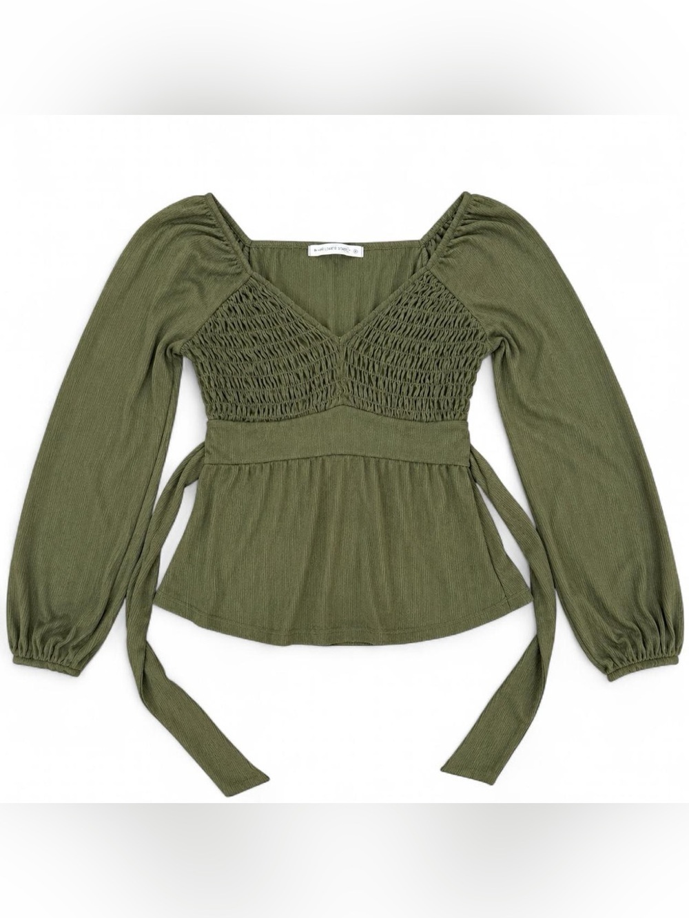 Boho Romantic Altar’d State Olive Green Smocked Sweetheart Tie Waist Top L